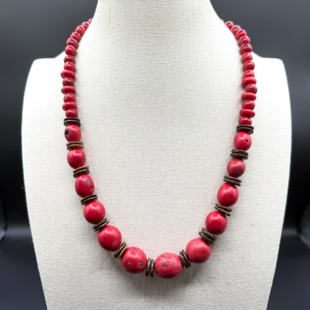 Red Graduated Bead Necklace Coconut Shell Spacers Boho Tribal Statement Jewelry